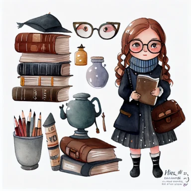 Dark academia librarian girl, folk art, sweden, watercolor, clipart elements, white background