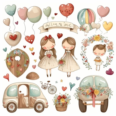 wedding rings tied with a ribbon , cute wedding illustrations clipart set, ILLUSTRATIONS FOR THE BOOK, cartoon elements, different variants, girl with long hair in a wedding veil, wedding, husband and wife Love , Hearts balloons , veil, garland, wooden elements, newlyweds are sitting on a wooden bench , on the wedding beautiful car, white transparent background separate elements with a margin Watercolor