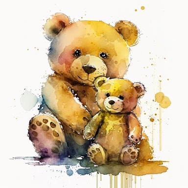 clipart of watercolor style, smiling yellow mother teddy bear with her cute baby boy bear, cinematique,smiling face, hight detailed,no texte, no deformed, dynamic pose v4