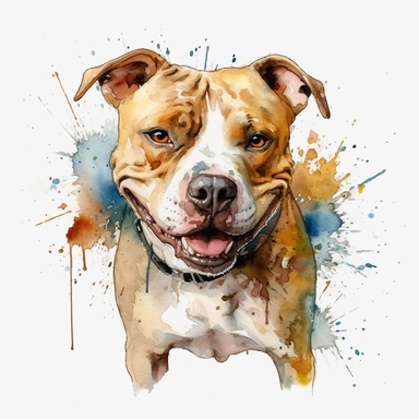cute American Pit Bull Terrier dog portrait, full face, centered shot, side shot, dynamically posed, in action, playful mood, happy mood, playing mood, cute face, adorable smile, childlike eyes, clean watercolor illustration, white background, nursery baby imagery, painting, detailed, 8k, PNG, clipart,