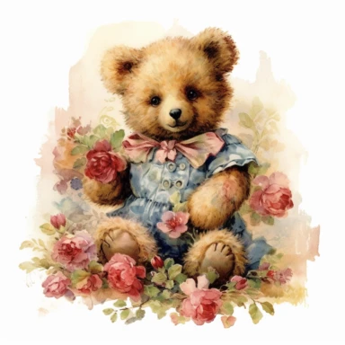 victorian vintage adorable little teddy with banquette and wild flowers, full body, clipart style, accurate details, oil painting technique, super high quality, professional watercolor clipart, high resolution