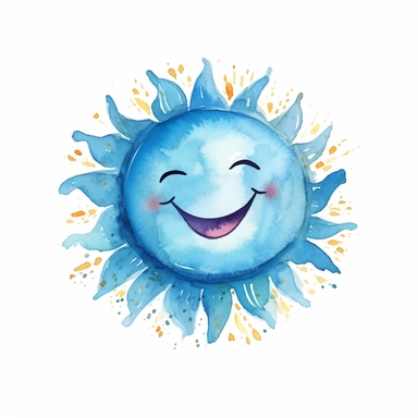 a blue smiling cartoon sun, watercolor clipart, white background
