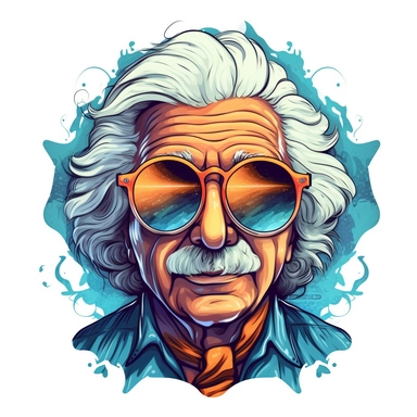 supercool badass funny sunglasses on psychedelic Albert Einstein, award winning, 2d, logo clipart, white background