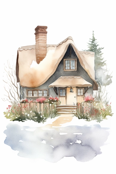 a watercolor clipart on a white background of a charming cottage covered in a blanket of snow, nestled in a winter wonderland. The cottage should have a thatched roof, stone walls, and a chimney with smoke coming out