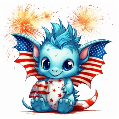 illustration of cute baby dragon in read white and blue american flag colors, fireworks, 4th of july, clipart svg, white background