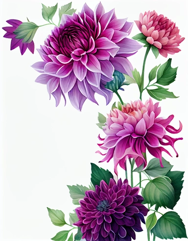 detailed watercolor purple dahlia flower corner border template , isolated on white background, realistic, clipart