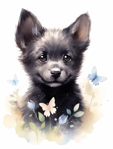 cute happy black wolf cub with butterfly on the nose, pastel watercolor, clipart, solid background