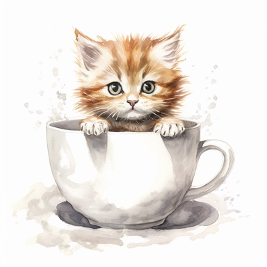 Imagine a curious clipart kitten with wide eyes and a raised paw, peering out from a teacup with a whimsical expression on a clean white background. 032