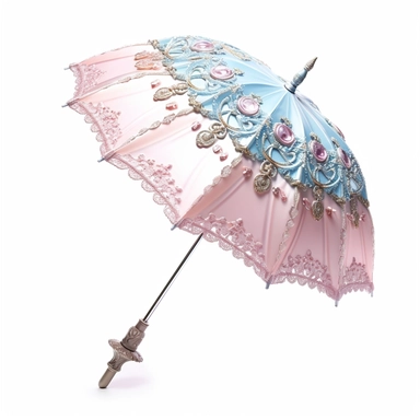 pastel pink and blue princess ornate parasol side view photo realistic clipart with white background straight handle