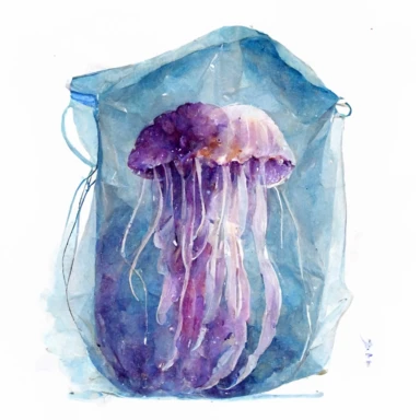 watercolour handmade clipart of a purple jellyfish stuck in a blue transparent plastic bag in the ocean