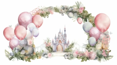 watercolour illustration, jungle smash pastel pink princess themed scene, pastel roses balloon arch, fairy tale, fairy tale pink jungle, leaves and balloons, clipart, sublimation graphics, by Beatrix Potter, watercolour clipart, unique design, print on demand image, transparent PNG background, white background, 8k