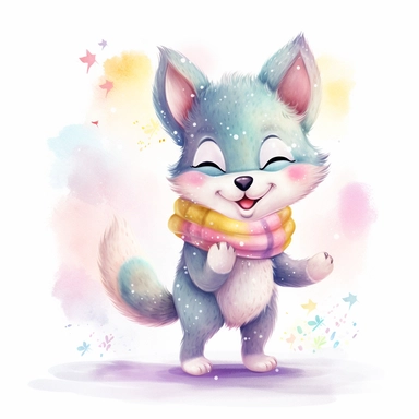 Cute WOLF clipart ,happy expression, standing on the snow in dynamic pose, front side, in the style of watercolor cartoon clipart, kate greenaway style, high resolution, composition free space, pastel color scheme, soft and tender, watercolour clipart, watercolor illlustration for kids and children,isolated white background, clipart most popular on etsy, book illustration, featured on dribble,print on demand image, PNG tranparent background,composition medium shot, no text