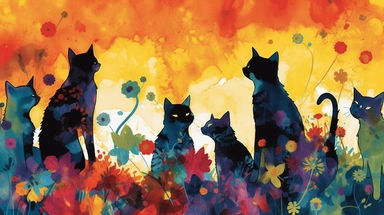 A vibrant watercolor of cats rendered as a digital clipart, drawing inspiration from the bold, expressive blooms found in Emil Nolde's garden paintings, featuring a vivid color palette that captures the flowers' natural radiance, illuminated by bright, contrasting light that emphasizes the rich, saturated hues and dynamic brushwork, and composed using an organic, free-flowing layout that conveys a sense of movement and growth.