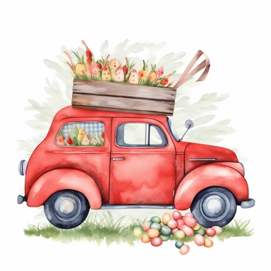 easter basket watercolor clipart & clip art, in the style of light red and dark gray, narrative paneling, classic american cars, uhd image, hand lettering, depiction of rural life, wood