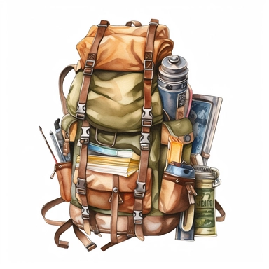 watercolor, Backpack - Clip art of a backpack with camping gear. png Full body realistic cartoon in 32K UHD cute. 15 cm thick outline. Black color. There was no shadow on the ground. 8k with realistic watercolors and detailed illustrations. PNG clipart, transparent white background