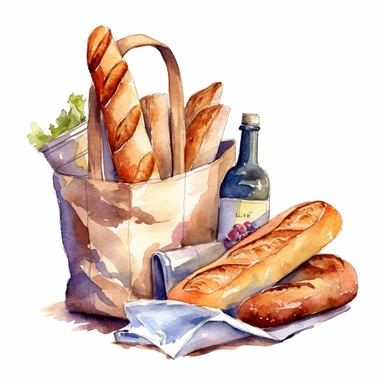 watercolor french baguette in a paper bag put together with some other groceries clipart, hd