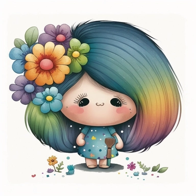watercolour cute hairdresser style rainbow little troll girl, hairdresser, hairstylist troll character, holding scissors, hair brush, hairdryer, whimsical, adorable, cute, flowers, full image, big cute adorable eyes, Clipart style, white background