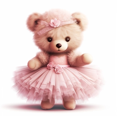 Adorable cute fantasy Teddy bear dressed like a Romantic ballerina, wearing pink tutu, nursery art, clipart image, lineart image, white background, very detailed, 8k