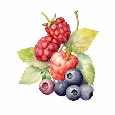watercolor pile of summer berries, naturalist aesthetic, subtle muted colors, clipart, white background, french 75