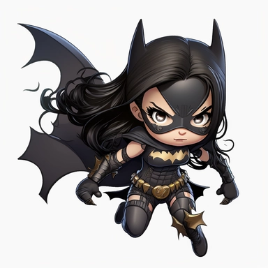 Laikasy 5 year old girl Confident smile happy eyes with long black hair wearing crisp and detailed Batman clothing very delicate and cute character chibi style feet hands behind back sharp detailed mask flying in heroic pose white background clipart 8k seed 1799824021