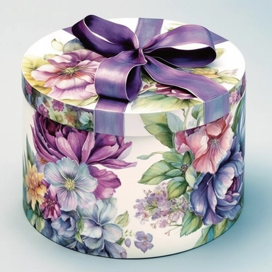 insanely beautiful floral patterned gift box, in the style of beatrice potter and jody Bergsma, tied with a purple silk bow,32k uhd, hand-painted details, pastoral illustrations, amazing colour combinations , aquarellist, hd , white background clipart ,-- no watermark--ar 27:37
