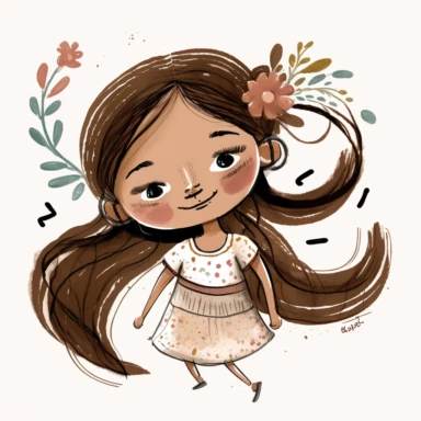 watercolor clipart, Girl dancing, A 6-year-old girl with brown hair and brown eyes, her hair was always carefully styled into two long, straight braids, happy, radio, musical notes, rhythm, whole body, dress, White background