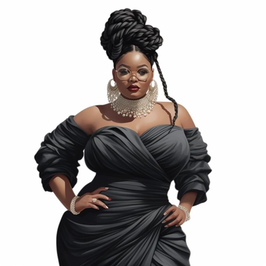 ?????socialite black woman bods, plus size, long massive braids, full glam, fashion icon, talented and good vibes, dressy pant and couture frilly fliiw top, clipart, white background
