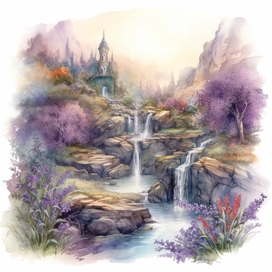isolated on white illustration watercolor art of a elegant part of waterfall, the landscape from the garden with lavender and a road going into the mountains, a lot of lavender, masterpiece by Hans Zatzka style and by Josephine Wall style and by Alexander Jansson style and by Ivan Fedorovich Choultse style, Art Nouveau Architecture, PNG clipart, isolated on white, extreme photorealistic details, 32k HD resolution, realistic high detailization high resolution