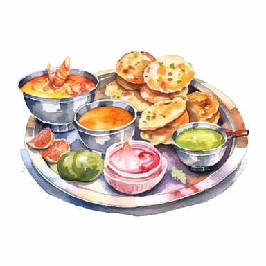 watercolor clipart illustration on a white background of Indian Cuisine: Depictions of traditional Indian wedding foods, such as biryani, samosas, or sweets like jalebis.