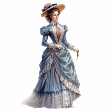 A Victorian lady in a victorian outfit. Her poised expression and magnetic gaze draw you into her world of Victorian splendor. Against a white background, the intricate details of her attire, including the flowing silhouette and intricate drapery, are depicted with exceptional detail and lifelike realism. Clipart, watercolor, white background, intricate detail, unreal engine cinematic smooth