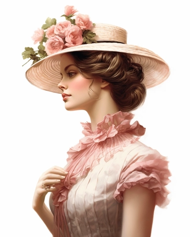 detailed beautiful lady facing side with vintage hat with pink roses dressed in a vintage dress, hyper realistic, 8k, isolated on white backgorund, clipart
