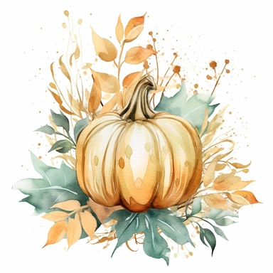 Watercolor pastel velvet boho pumpkin with gold ornate watercolor sitting on pumpkin leaves white background. clipart