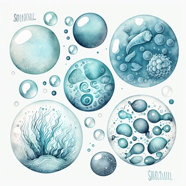 sea bubbles clipart, in the style of muted and subtle tones, cartoon, close up, booru, wimmelbilder, hand-painted details, charming characters, thick texture, blue hues