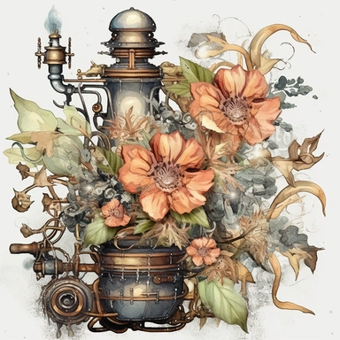 Transport your audience to a mesmerizing realm where steampunk aesthetics meet the fluid beauty of watercolor with this captivating collection of floral arrangements clipart. Harness the expressive power of watercolor as the artistic medium, allowing its translucent layers and delicate brushstrokes to bring life to the steampunk-inspired compositions. Infuse the artwork with the distinctive elements of steampunk culture, referencing the works of authors like H.G. Wells and incorporating imagery 