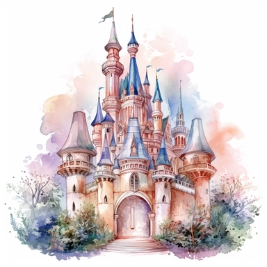 watercolor intricate detailed princess castle in light people colors clipart