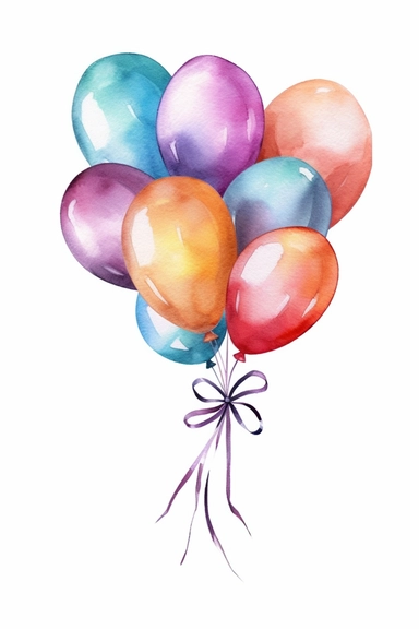 6 different watercolor balloon bundles tied with ribbons, clipart, hd, isolated, spaced out, on white background,