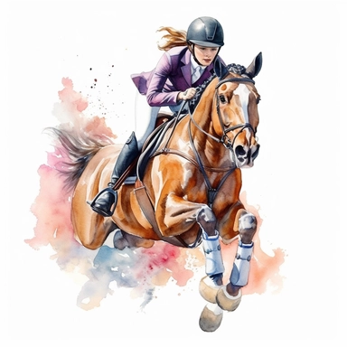 watercolour showjumping pony with beautiful girl rider with perfect beautiful facial features beautifully detailed perfect realistic facial features realistic showjumping pony jumping a show jump four perfect legs and hooves beautiful perfectly detailed showjumping pony, 300dpi, high resolution, graphic clipart,computer graphics