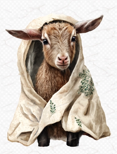 baby goat in a blanket, watercolor clipart, transparent background