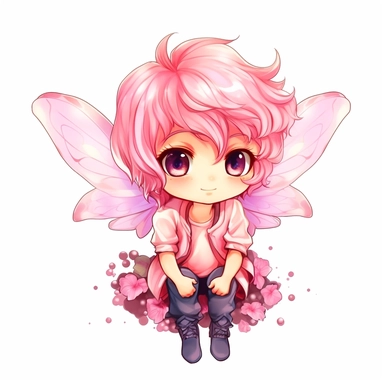 pink fairytale chibi fairy boy sublimation clipart, detail, illustration style, high solution, on the white background