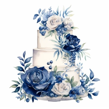 wedding cake, navy blue cake decoration, watercolour, clipart