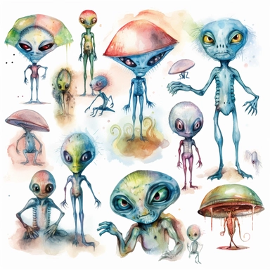 watercolor painting of many alien clipart many variants on one picture in different design