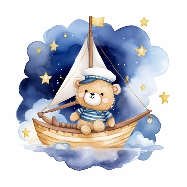 night sky clouds and a swarm of golden stars. a cute happy chibi plushie sailor bear in a striped blue and white shirt and a sailor hat, in a wooden sailboat with a white sail, sailing on fluffy clouds not sea. dreamy. prominent visible brush strokes, watercolour texture, watercolor clipart png on white background