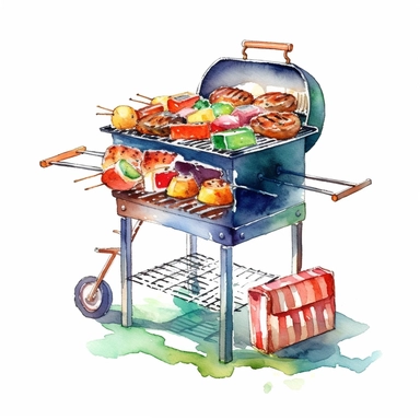 watercolor clipart illustration of a beach barbecue grill, cute, white background