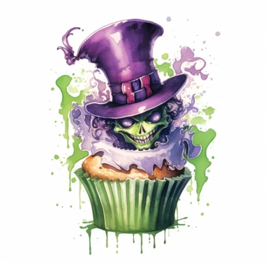 delicious halloween cupcake with mad hatter, watercolour illustration clipart, extremely detailed, 4k, high quality, colour scheme black, lime green and purple , , isolated on white background - <@1098423716465102849> (relaxed) - <@1098423716465102849> (relaxed) - Image #3 <@1098423716465102849>