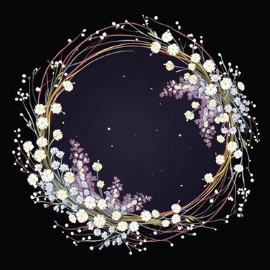 framed by thin border, wide view, central composition, fit in shot, full length, uncropped ,watercolor baby's breath wreathes, clipart, vector, dark background