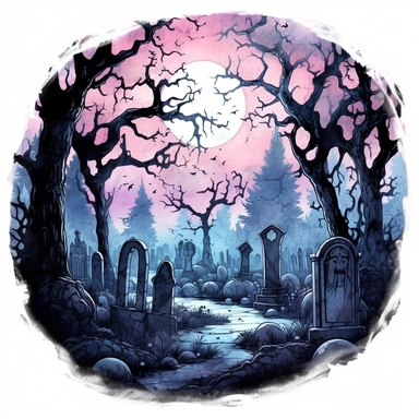 Scary haunted graveyard by tim burton, watercolor, clipart, white background, grotesque, sketchfab, under the moonlight, eerie color scheme, closeup
