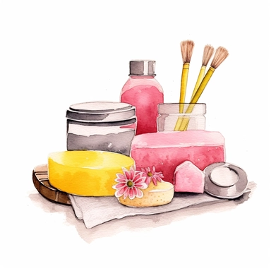 basic watercolor pink spa with yellow accent in minimal hand drawn style, Etsy, textured, clipart, white background