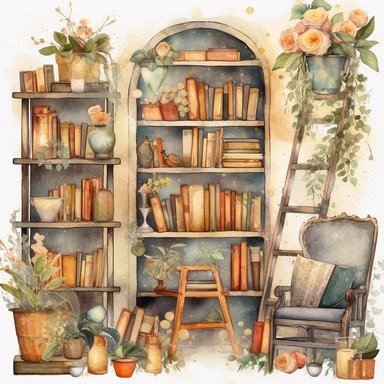 watercolor clipart of rustic antique bookshelves, magical atmosphere, florals, sparkles