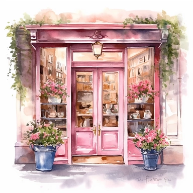 front illumination of ultra - realistic watercolor painting of pink cute french cafe interior with open doors clipart,pastry delicious, cute flowers, serene, cottagecore, plants overgrowing everywhere, aesthetic, naturalisting, cottagecore, plants, magical, white background, isolated on white, watercolor illustration, award winning