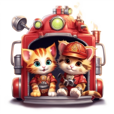 Nestled inside and out of a fireman boot, outside the big doors of a fire out, a pair of adorable, fluffy kittens romp, fire engine clipart